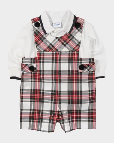Florence Eiseman Boy's Plaid Shortall & Long-Sleeve Tipped Polo Shirt Set, Size 6M-24M
