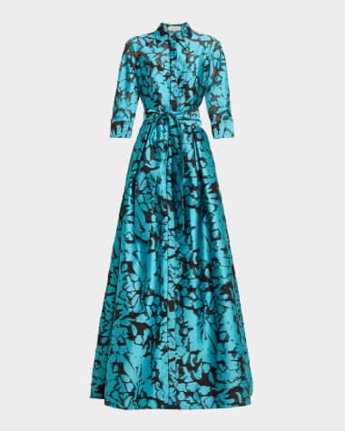 Rickie Freeman for Teri Jon Pleated Burnout Jacquard Shirt Gown