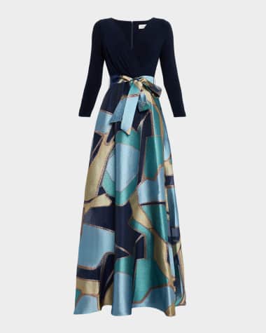 Rickie Freeman for Teri Jon Mixed Media Jersey & Metallic Jacquard Gown