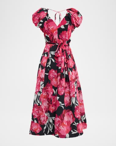 Rickie Freeman for Teri Jon Pleated Puff-Sleeve Chiffon Midi Dress