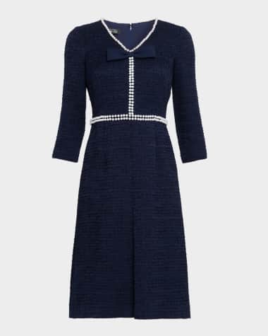 Rickie Freeman for Teri Jon Pleated Pearly-Trim Boucle Dress