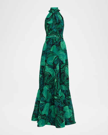 Rickie Freeman for Teri Jon Floral-Print Chiffon Halter Gown
