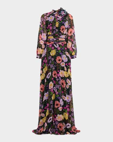 Rickie Freeman for Teri Jon Floral-Print Chiffon Gown