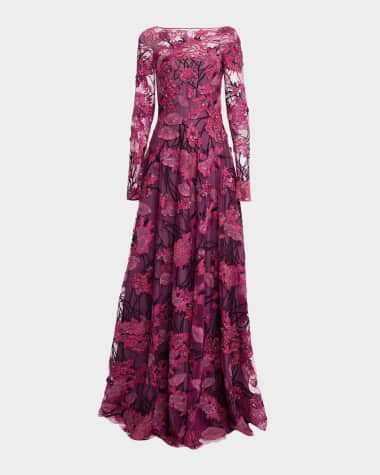 Naeem Khan Floral Embroidered Long-Sleeve Illusion Gown