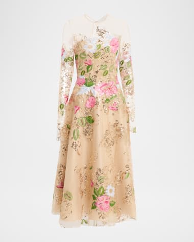 Naeem Khan Floral Embroidered Long-Sleeve Tea-Length Dress