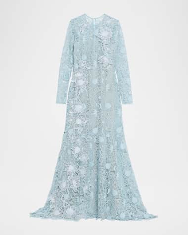 Oscar de la Renta Long-Sleeve Corded Botanical Guipure Gown