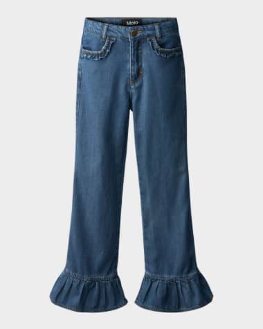 Molo Girl's Amara Flounce-Hem Denim Jeans, Size 4-6