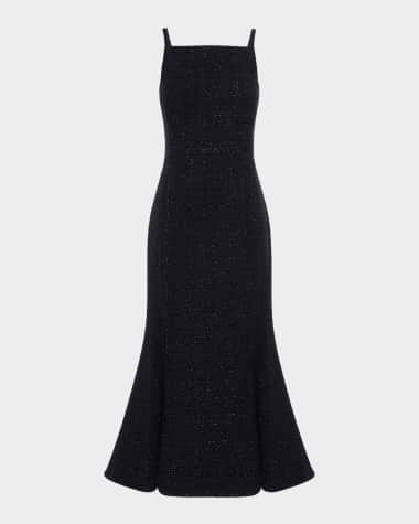 LEO LIN Regina Square-Neck Shimmer Tweed Midi Dress