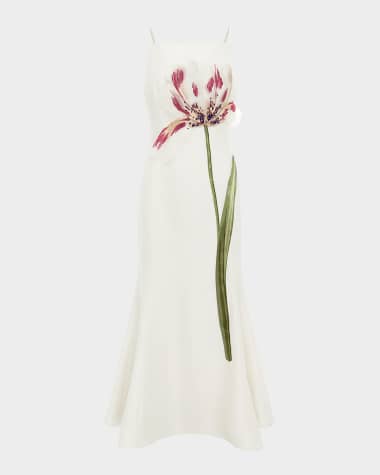 LEO LIN Regina Square-Neck Floral Applique Midi Dress