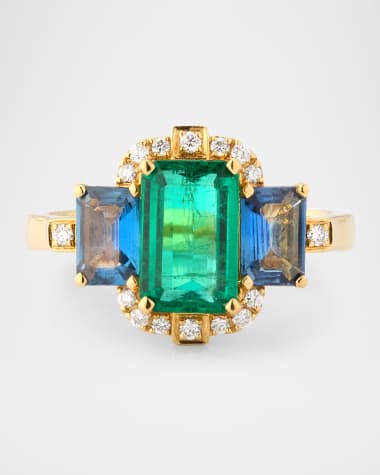 Goshwara G-One 18K Yellow Gold Emerald and Sapphire Ring with Diamonds