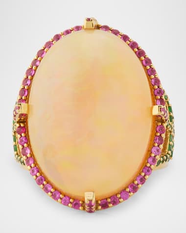 Goshwara G-One 18K Yellow Gold Pinkish Oval Opal Cabochon Ring with Pink Sapphires and Tsavorites