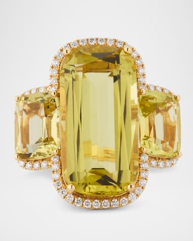 Goshwara Gossip 18K Yellow Gold Lemon Quartz 3 Stone Cushion Cut Ring with Diamonds