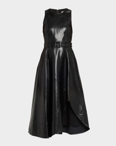 designer leather dress Cordelia Black Vegan Indulge in the elegance and comfort of our fit and flare style dress Leather Dress | Neiman Marcus