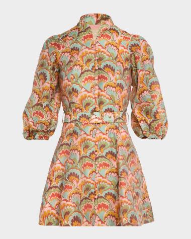 neiman marcus linen dresses BERNADETTE Peach Print Puff-Sleeve Linen Dress