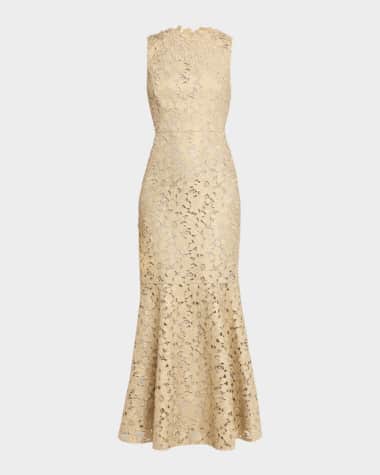 slim fit dress slacks Gold Metallic Knit Side Slit Lace Maxi Dress | Maxi Dress main image 1