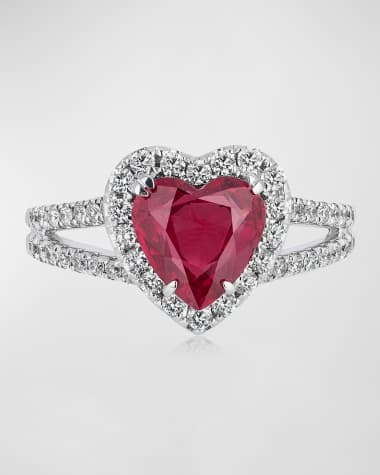 Andreoli 18K White Gold Heart Shaped Ruby Ring with Diamonds, Size 6