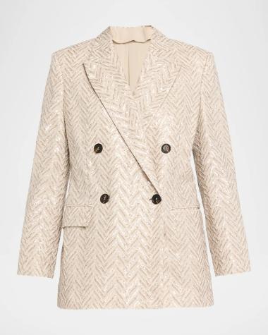 Brunello Cucinelli Dazzling Chevron Linen Double-Breasted Blazer Jacket