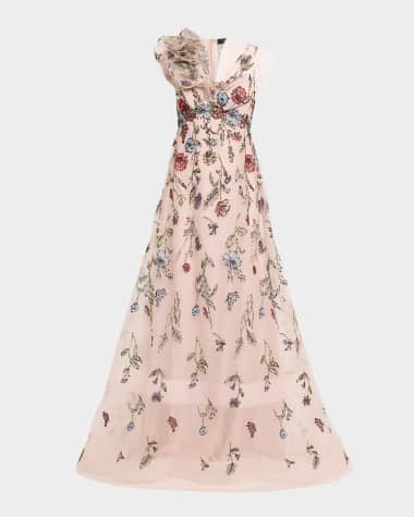 embroidered white midi dress Rose Garden Floral Applique A-Line Midi Dress White