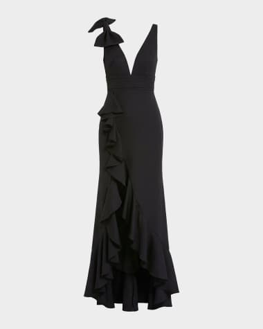 black dress with scarf around neck Black V Neck Puffy High Low Long Prom Dresses, Black V Neck High Low Formal  Evening Dresses main image 0