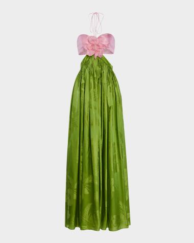 pink and green satin dress Silk Strapless dress