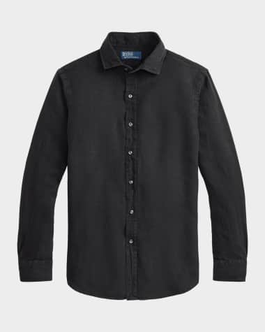 black men's cotton button down collar dress shirt Solid Cotton and Wool Blend Button-Down Shirt in Black by Viyella
