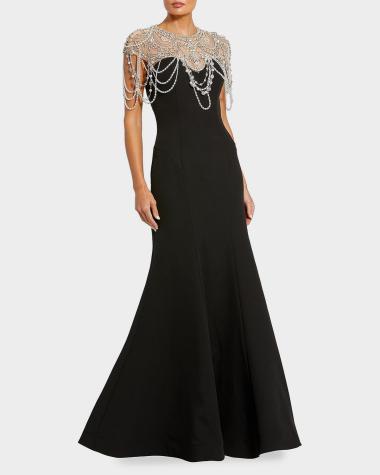 neiman marcus beaded dress Beaded Deep V-Neck Column Gown