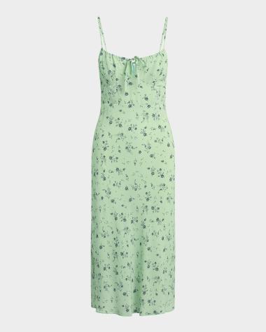 knee length dresses for ladies Neiman Marcus Women's Floral Print Ruffle Hi-Low Hem Cotton Wrap Midi Dress Blue / L