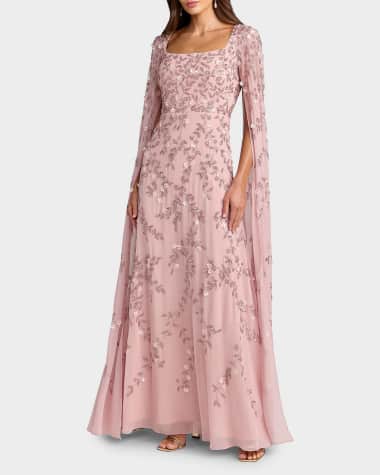 white christmas dresses Elegant Champagne Sequin Evening Gown with Flowing Cape Sleeves main image 1