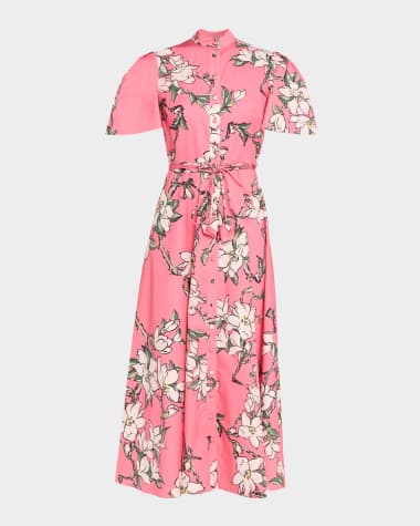 pastel color dresses for women LINEN BLEND FLORAL SHIRT DRESS