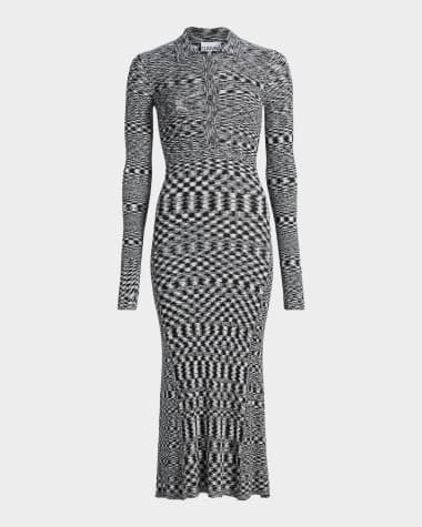 knee length dresses for ladies TA3 Notchy Long Sleeve Midi Dress - Black - XXS