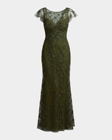 Green Short Sleeve Designer Evening Gowns for Women