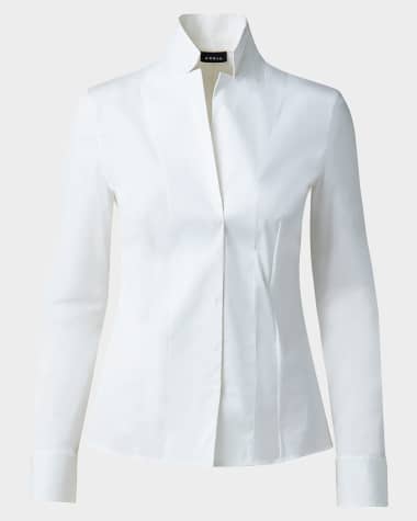 Akris Long-Sleeve Notched-Collar Poplin Blouse