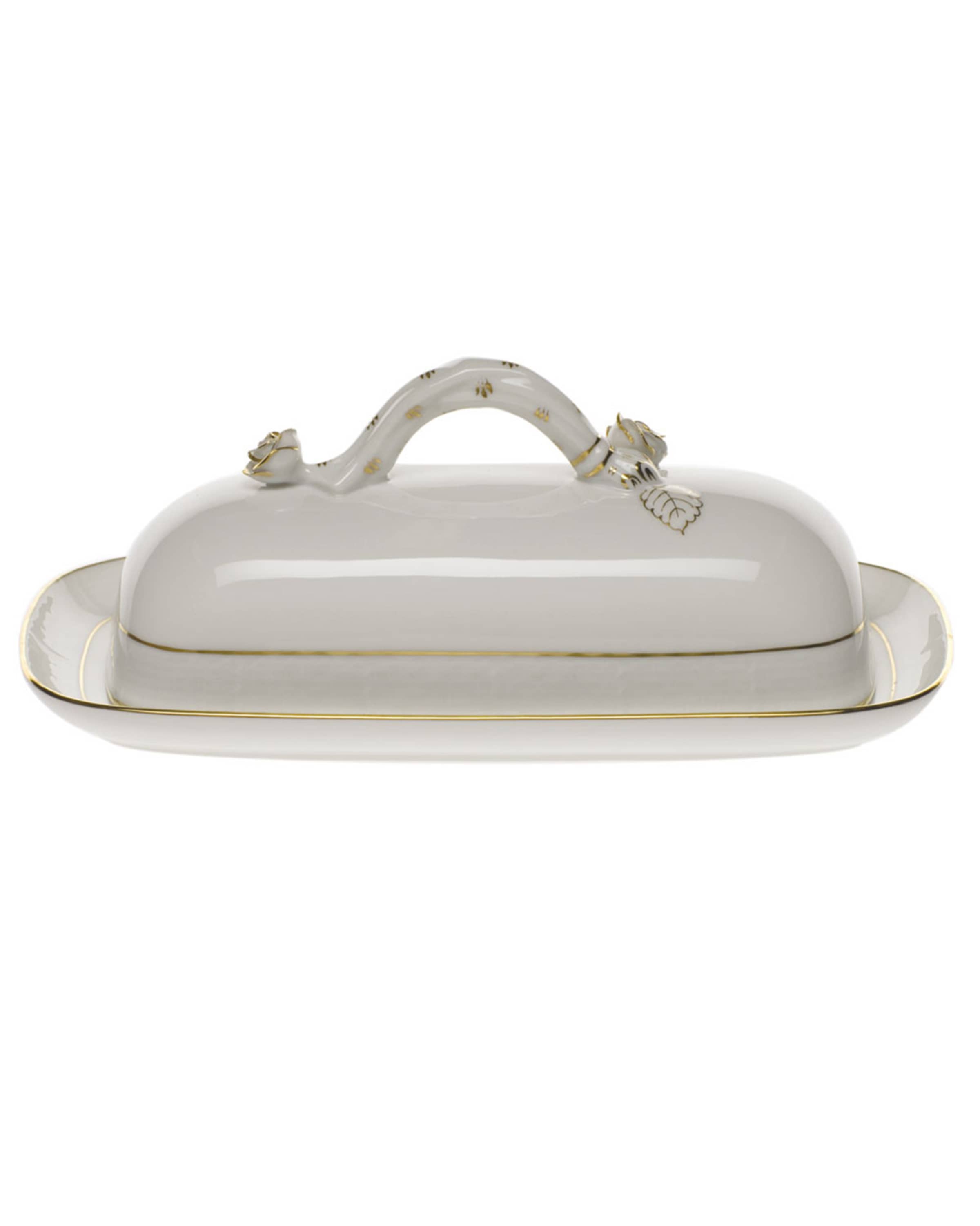 Herend Golden Edge Butter Dish with Branch Handle