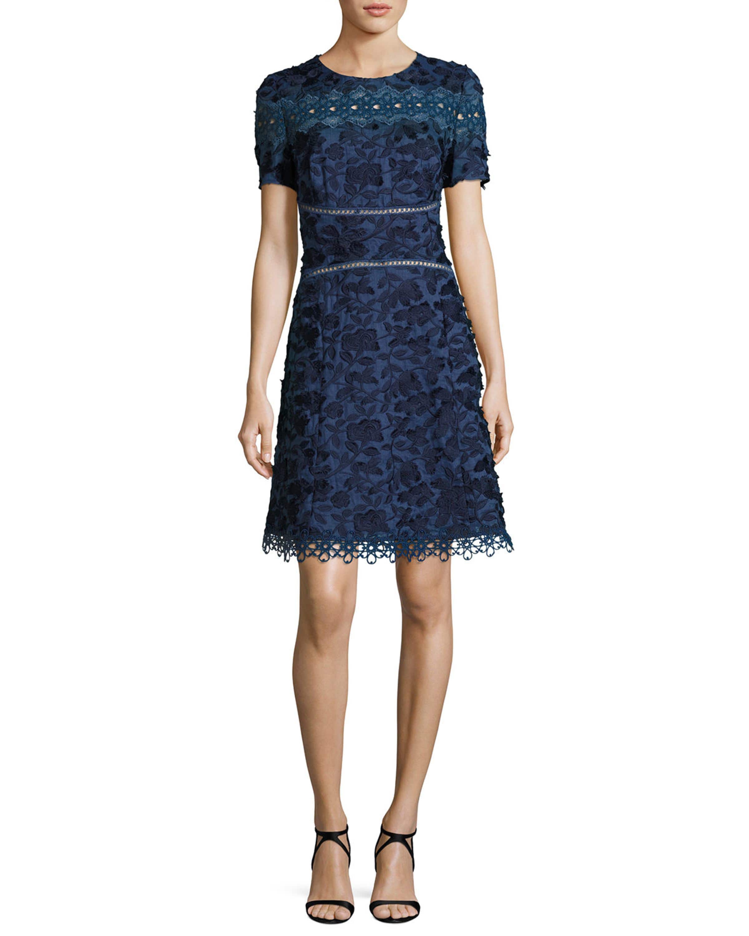 Elie Tahari Adina Short Sleeve Floral Applique Lace Dress Neiman Marcus