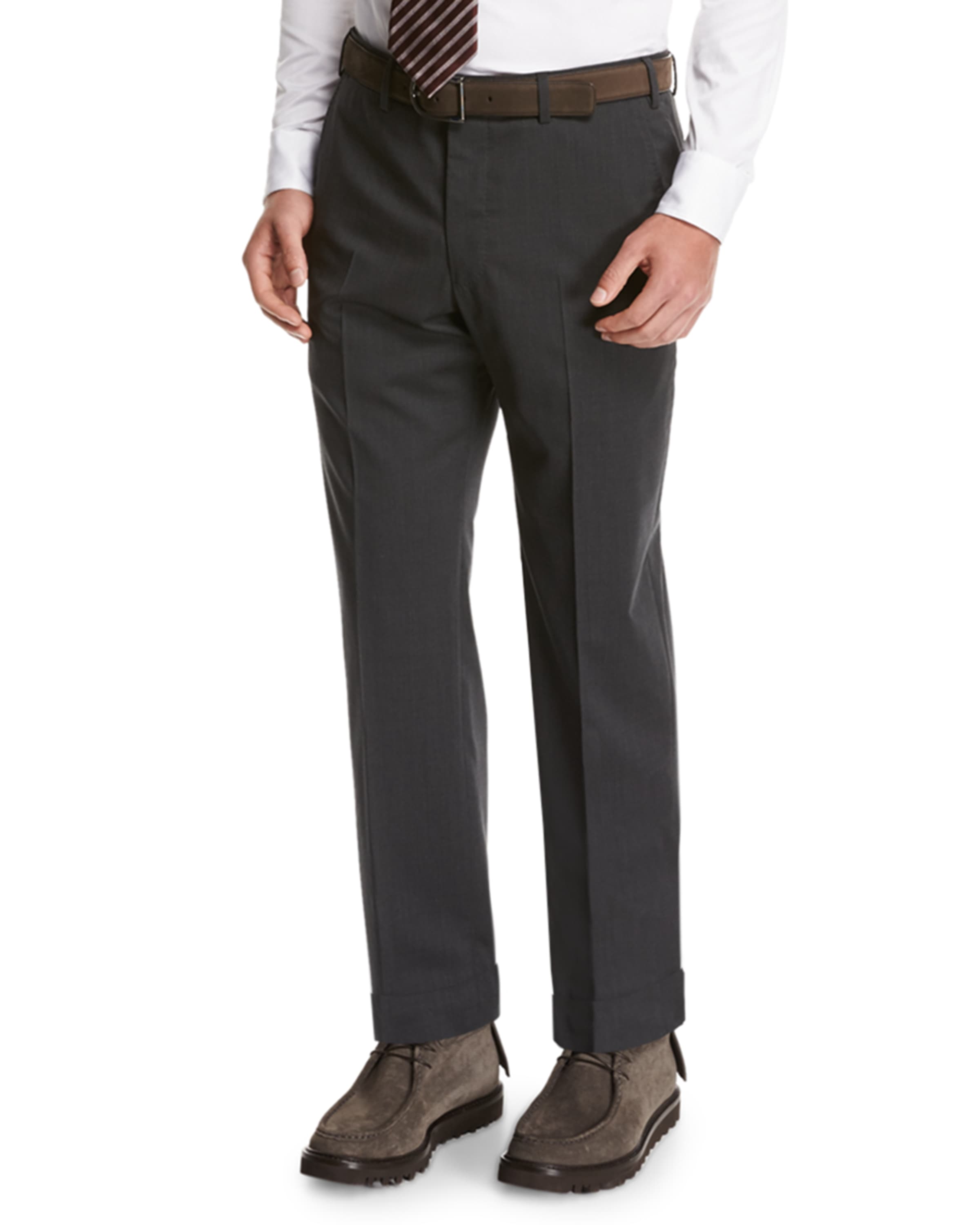 Giorgio Armani Wool Flat-Front Trousers, Gray | Neiman Marcus