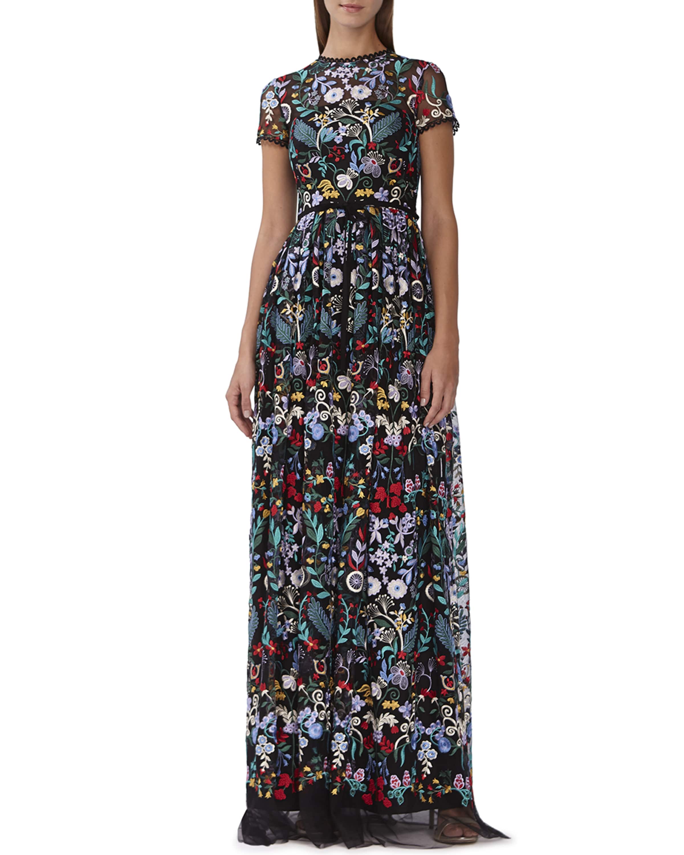 ML Monique Lhuillier Floral-Embroidered Mesh Maxi Dress | Neiman Marcus