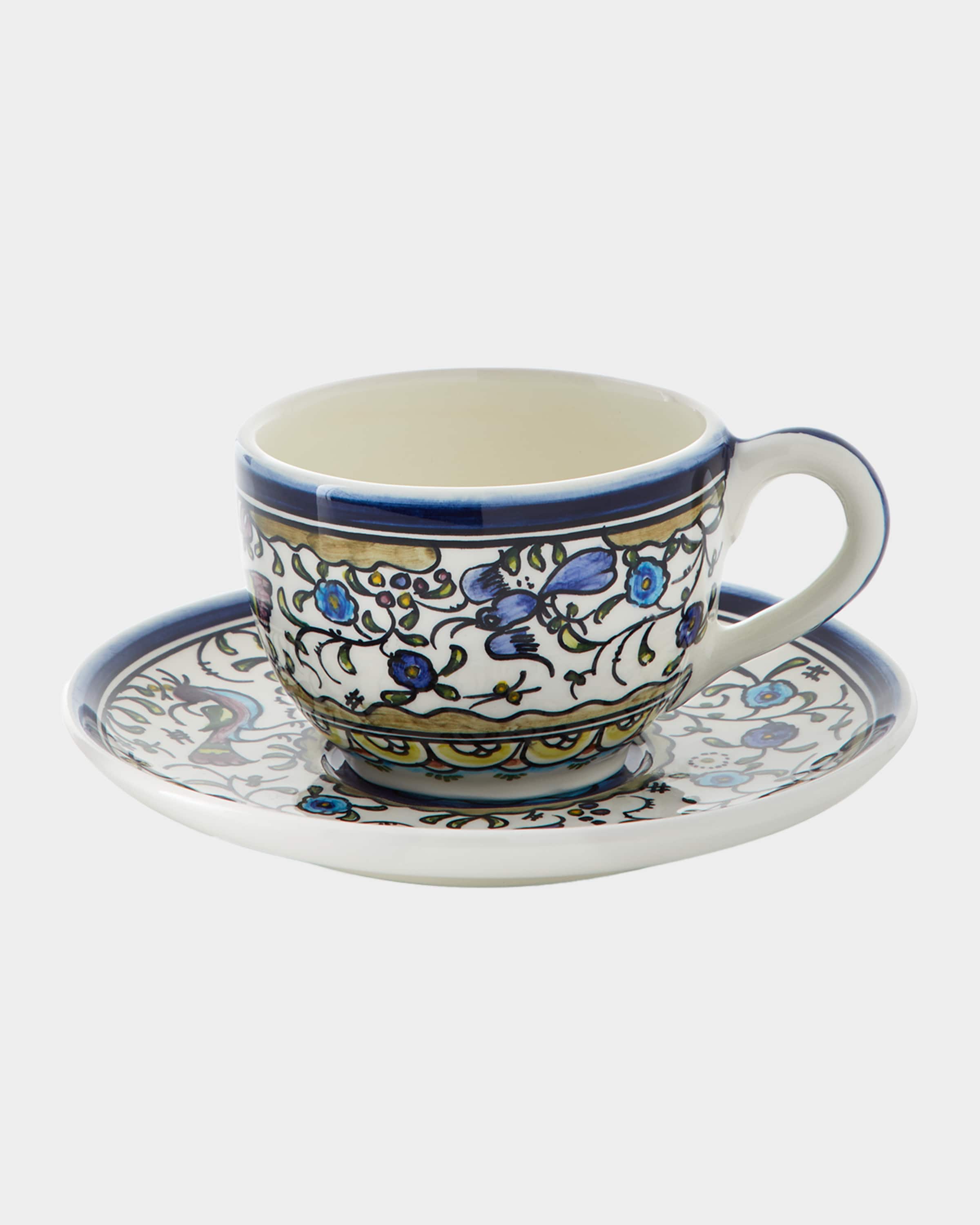 Neiman Marcus Pavoes Blue and Green Cups & Saucers, Set of 4