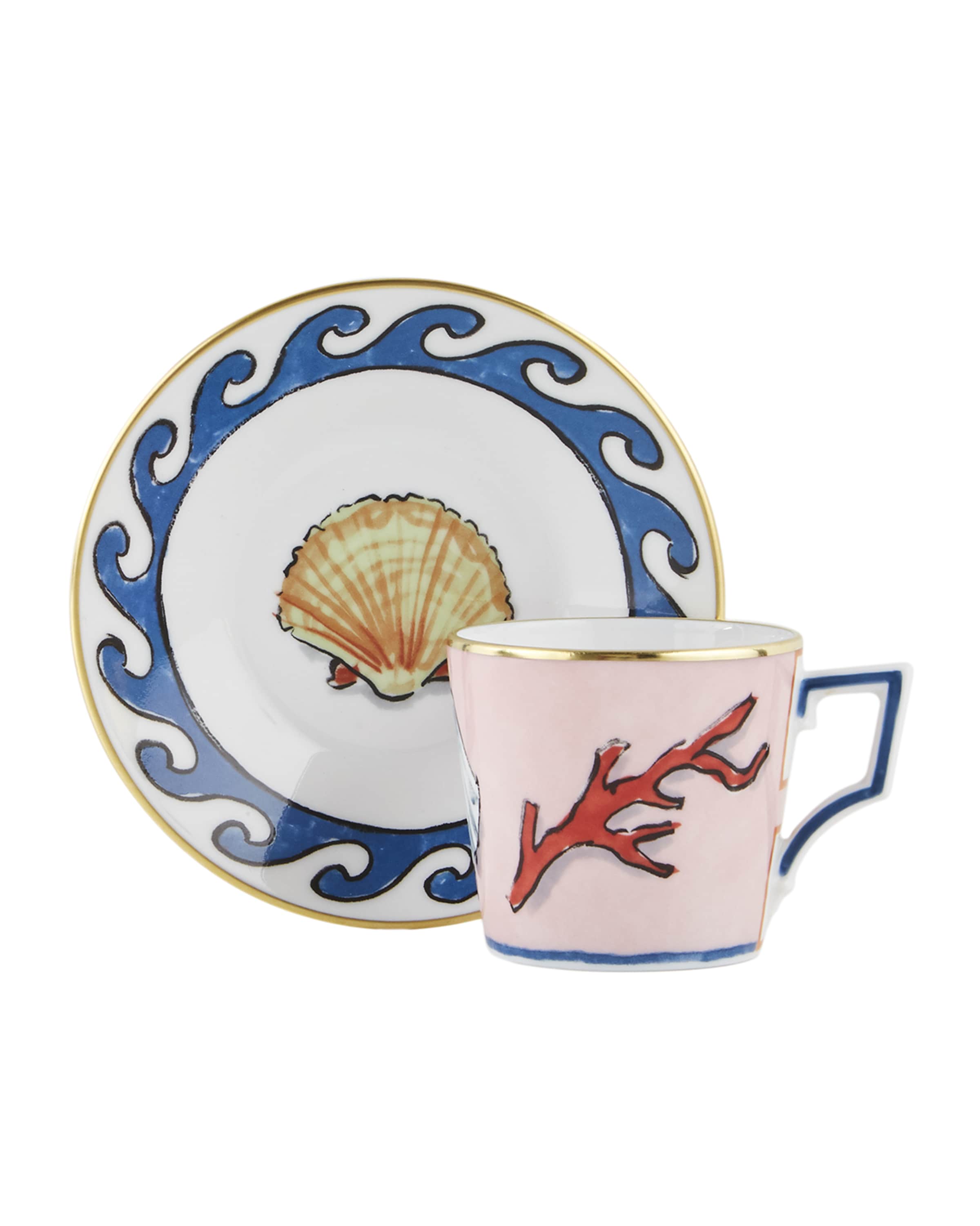 GINORI 1735 Neptune's Voyage Coffee Cups and Saucers, Set of 2