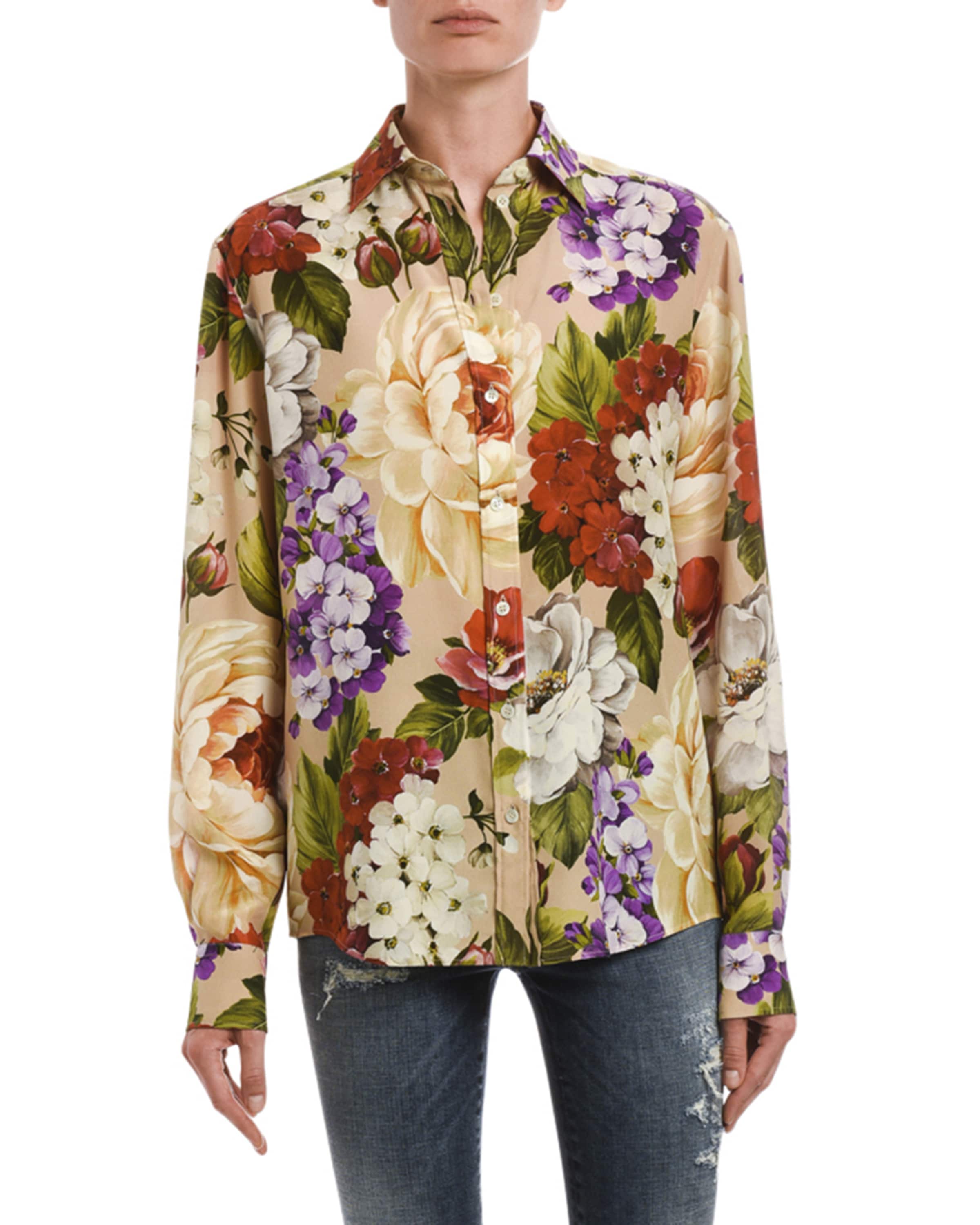 Dolce&Gabbana Floral Button-Front Long-Sleeve Silk Blouse and Matching ...