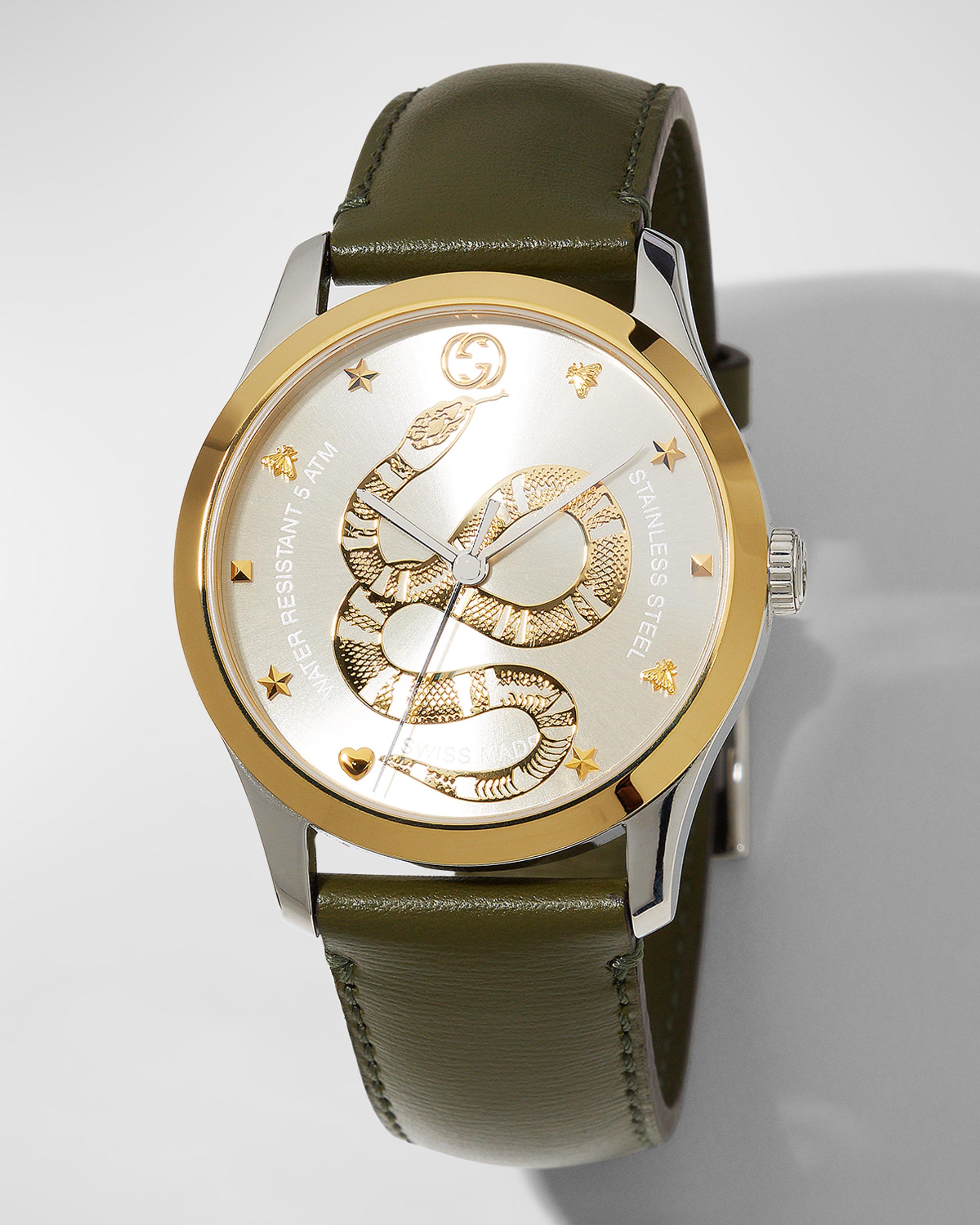 Gucci Men's 38mm G-Timeless 2-Tone Snake Watch w/ Leather Strap