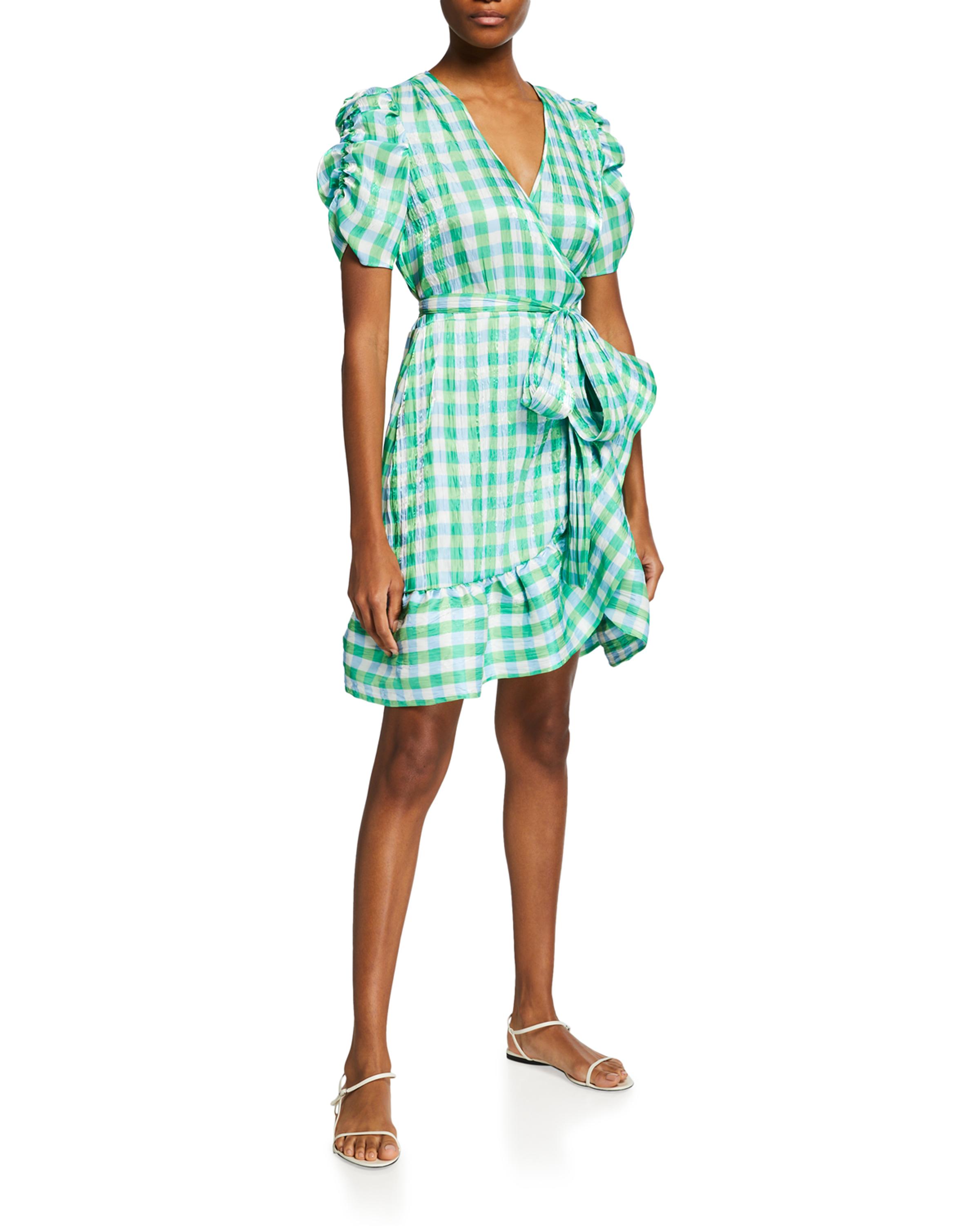 green gingham wrap dress Tanya Taylor Natasha Mini Boohoo dress