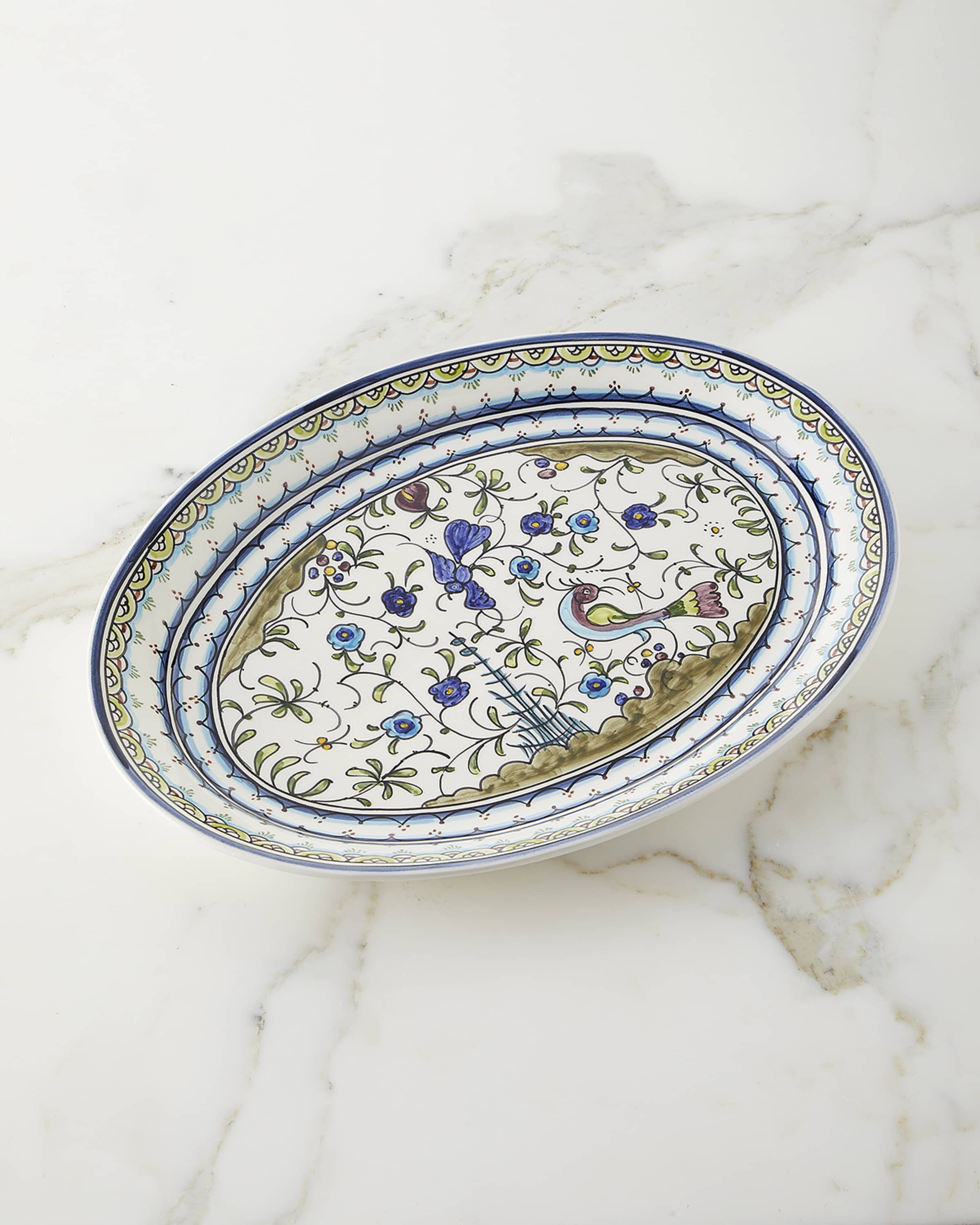 Neiman Marcus Pavoes Blue And Green Oval Platter