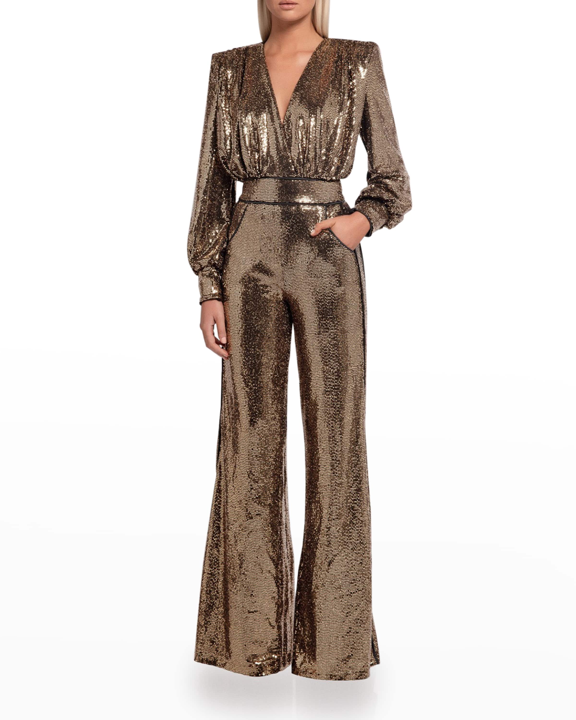 Sparkly Gold Jumpsuit for Wedding Guest with Long Sleeves