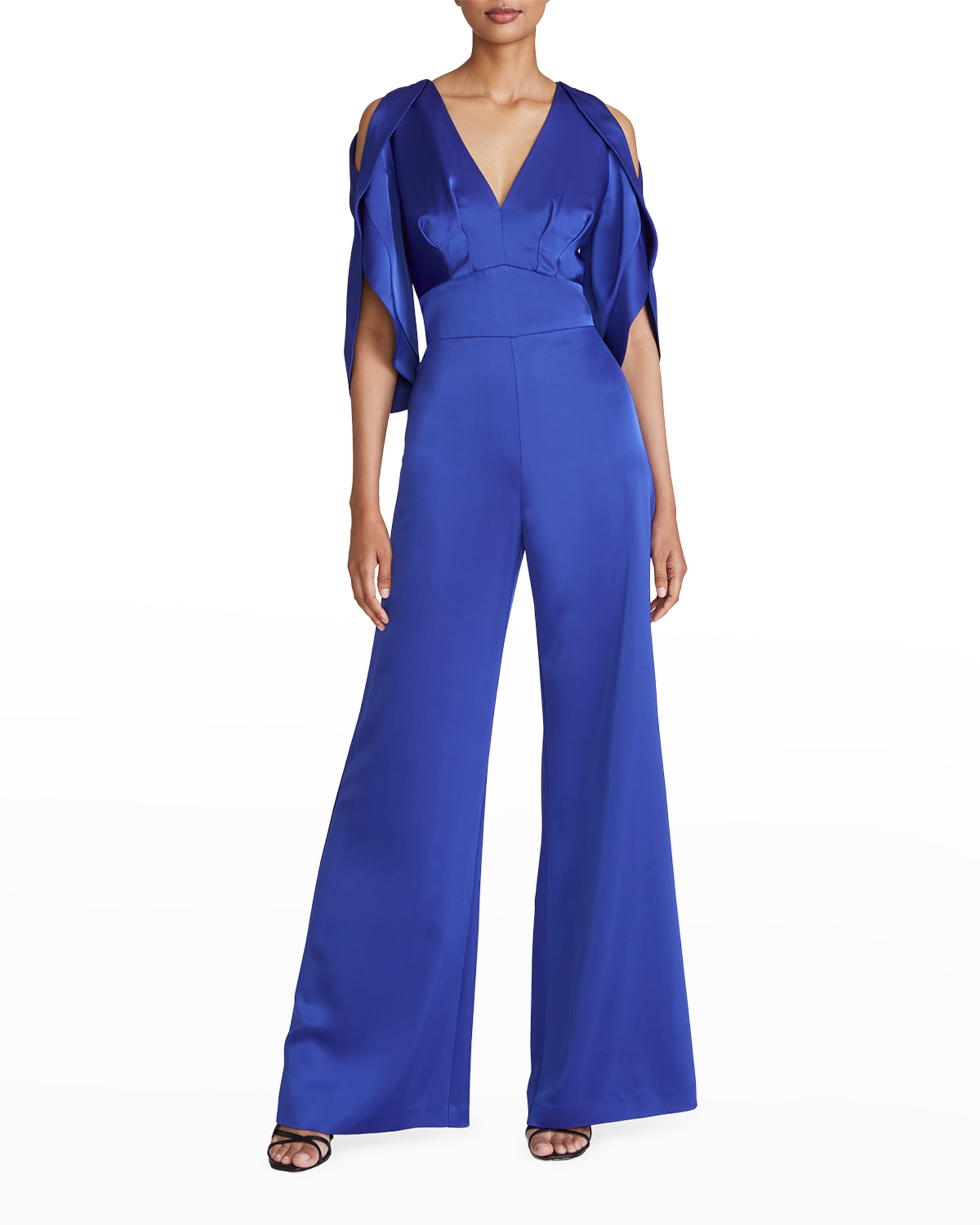 Bright Blue Silk Designer Jumpsuit for Evening with V Neck and Cold Shoulder