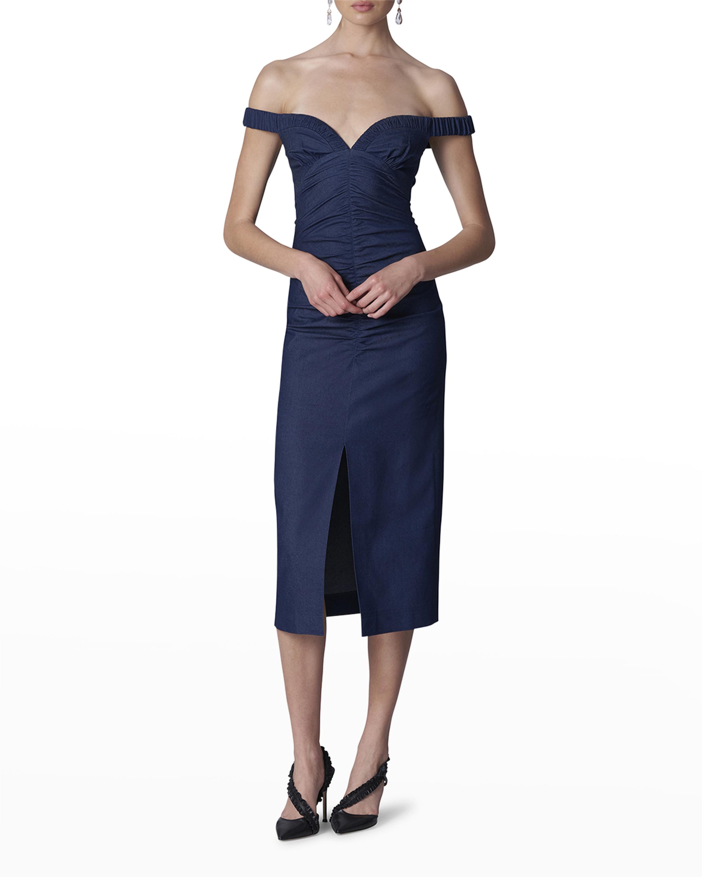 denim dress carolina herrera Off-The-Shoulder Ruched Midi embellished denim dress with Color:Photo color Product_type|Midi/Short Dress Mitchell stores Organic Cotton Lofty Gauze