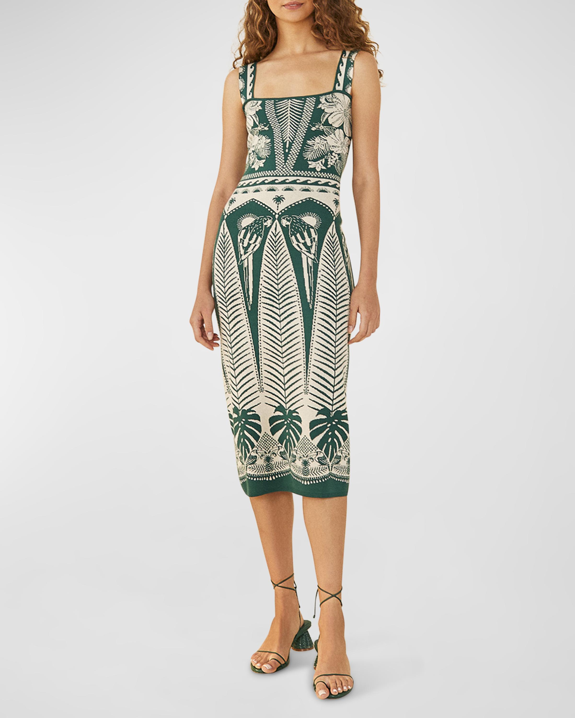 Farm Rio Macaw Elegance Sleeveless Square-Neck Midi Knit Dress