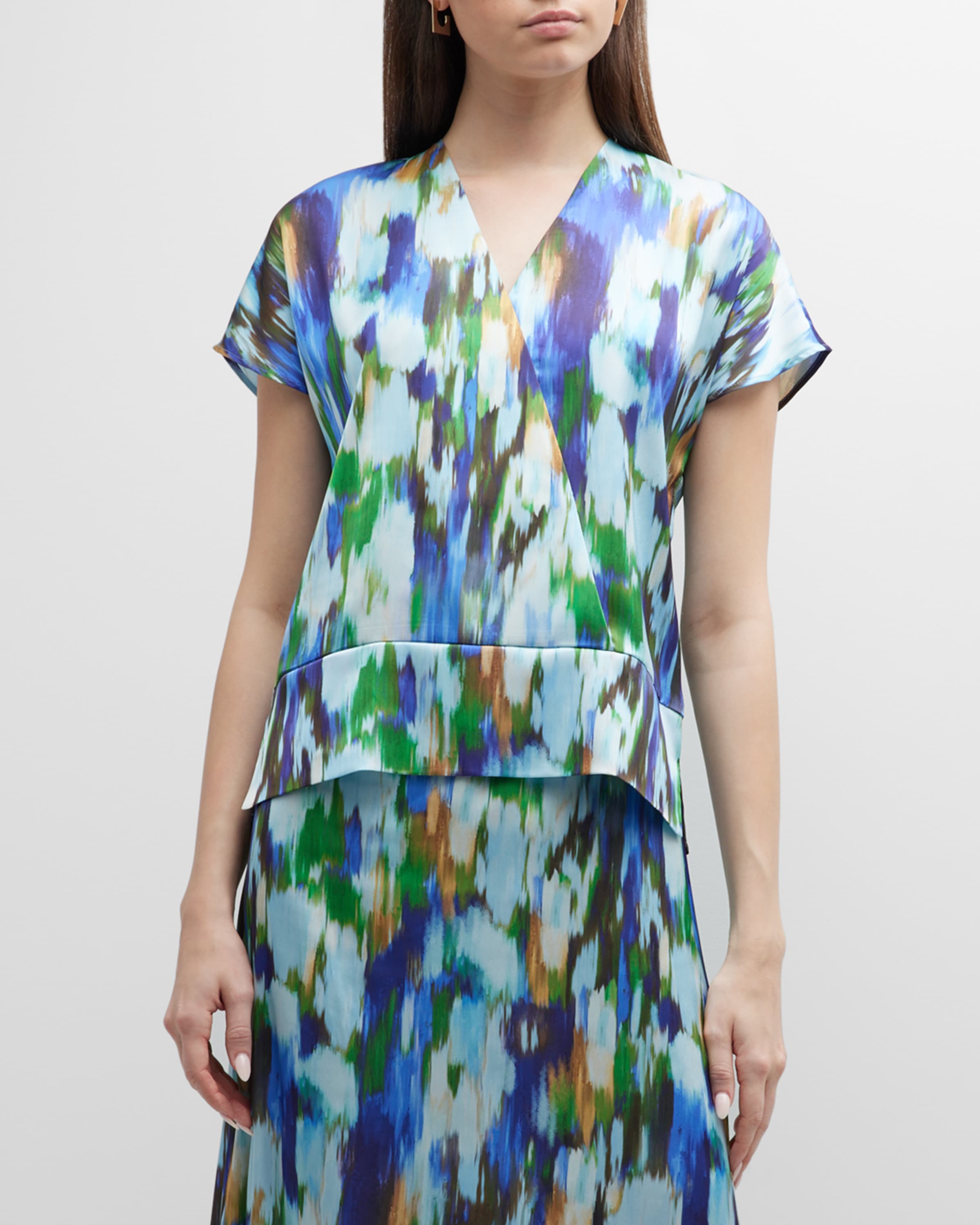 Misook Watercolor-Print Surplice Blouse