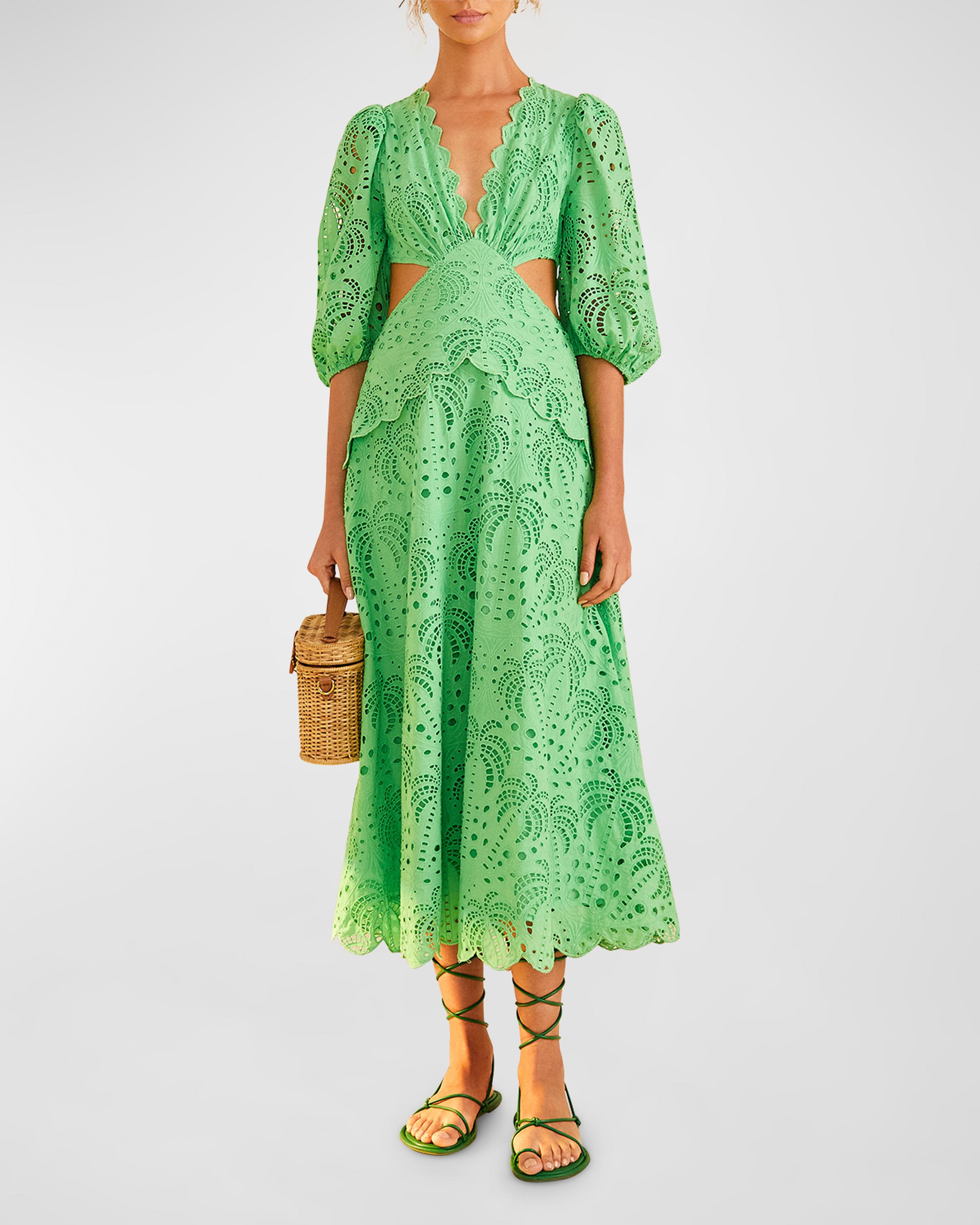 Green Richelieu Cutwork Midi Dress