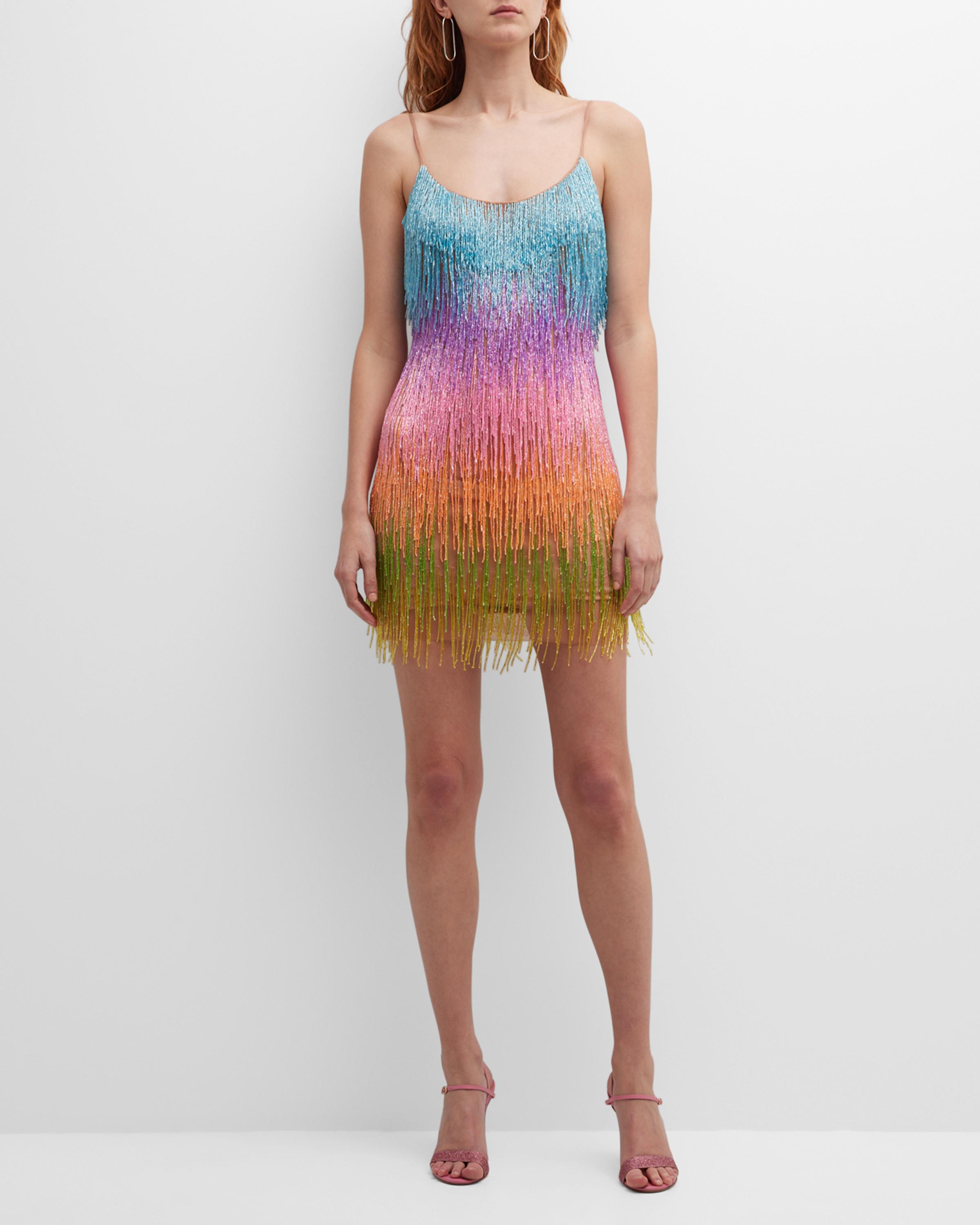 liv foster beaded fringe dress Ombre Beaded-Fringe Bodycon Mini mother of bride Sequin Pleated Dress | Color:Spotted Leopard all over beaded fringe