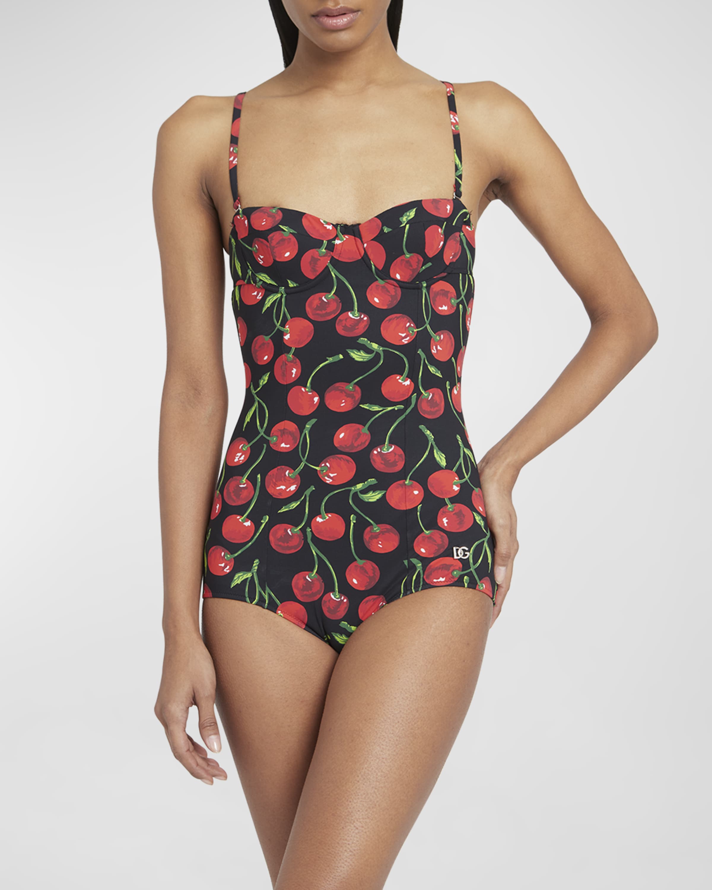 専用Draped Cherry Pattern Mini One-Piece Knit Fabric Cherry Pattern U-neckline One Piece Swimsuit For